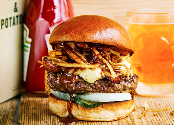 beef and bacon burger with smoked cheese