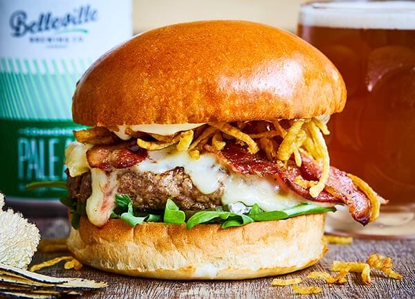 beef burger with smoked bacon and Raclette cheese