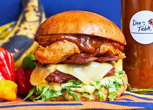 Vegan burger patty, this isn't bacon, , vegan smoked gouda, ketchup, plantain and curry mayo