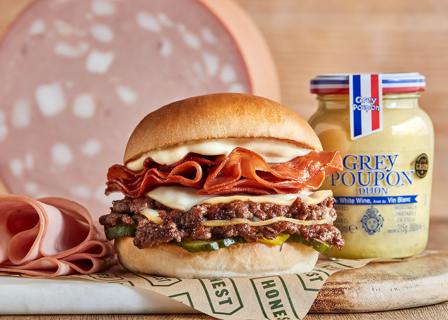 Double smashed beef mortadella burger